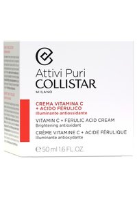 Vitamin C och Ferulinsyra kräm i en kvadratisk vit låda. Svart och röd text innehåller produktnamn och flerspråkiga beskrivningar. 50 ml.