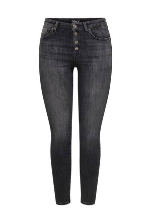 Čierne úzke džínsy s vysokým pásom, zapínaním na gombíky a prednými vreckami, s jemne vyblednutou textúrou a priliehavým strihom.