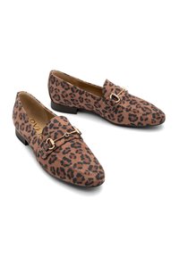 Leopard print loafers with a pointed toe, soft suede-like texture, and gold hardware detail on the strap. Low, stacked heel.