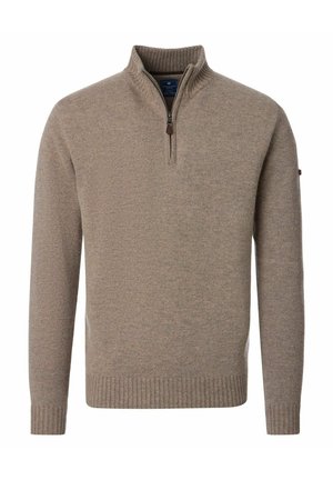 Brauner gestrickter Pullover mit langen Ärmeln, einem gerippten Stehkragen und einem Viertel-Reißverschluss in der vorderen Mitte.