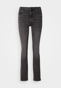 Zwarte denim jeans met een rechte broekspijp, vijf-pocket stijl en subtiele vervaging. Heeft een traditionele tailleband met een ritssluiting.