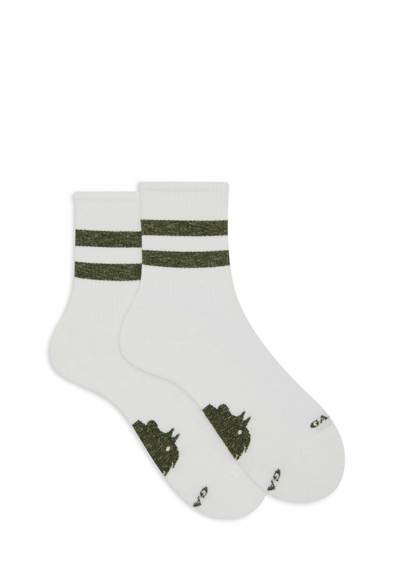 Calze bianche con strisce verdi nella parte superiore, caratterizzate da un design testurizzato e una grafica verde scuro sulla suola. Realizzate in un materiale morbido.