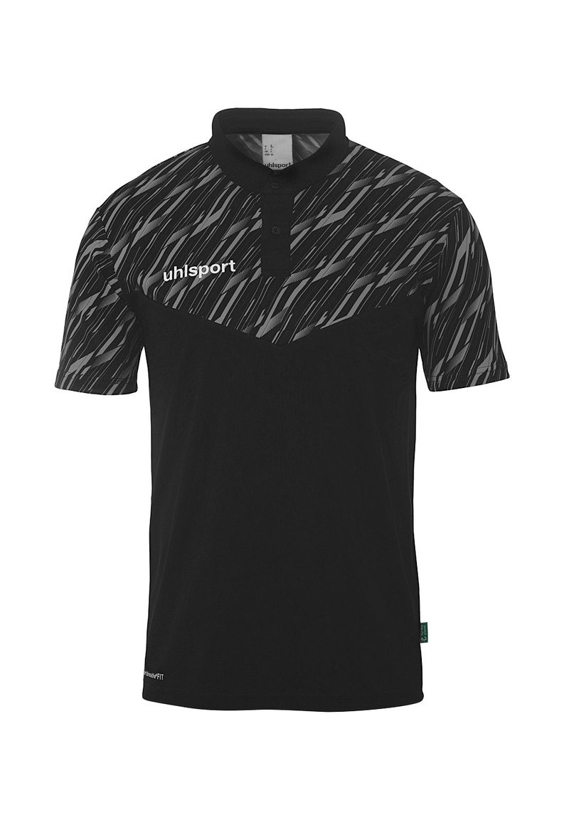 Polo noir avec un haut à motifs dans les nuances de gris, doté d'une patte de boutonnage à trois boutons et du logo "uhlsport" sur la poitrine gauche.