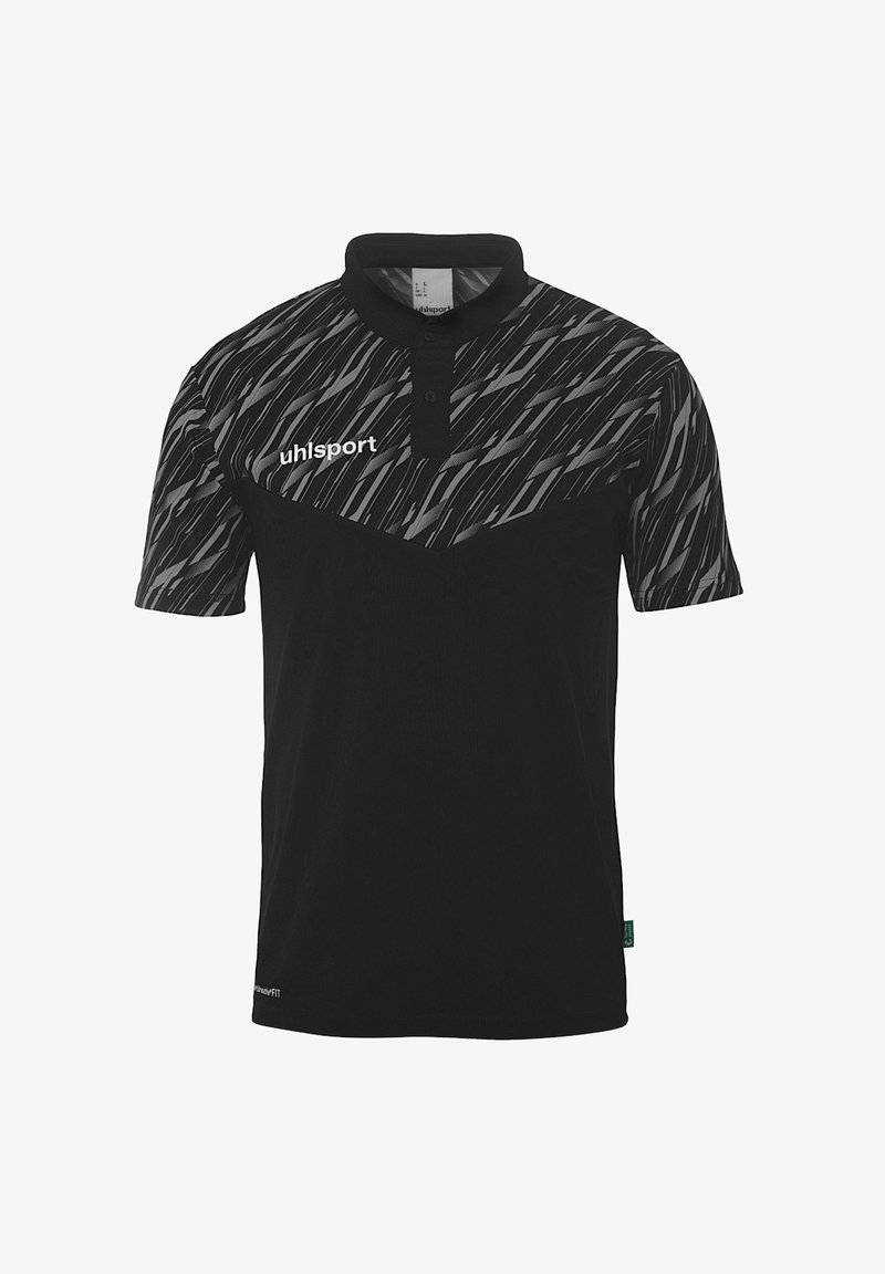 Polo noir avec un haut à motifs dans les nuances de gris, doté d'une patte de boutonnage à trois boutons et du logo "uhlsport" sur la poitrine gauche.