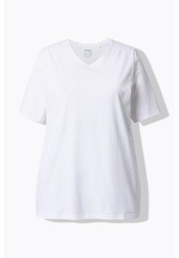 Bílé bavlněné tričko s krátkým rukávem, designem ve tvaru V a pravidelným střihem. Hladká textura s čistým, minimalistickým vzhledem.