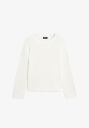 Pull blanc à manches longues et col rond, avec poignets et ourlet côtelés, présenté à plat sur fond blanc.