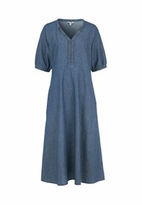 Sininen chambray midi-mekko, jossa on lyhyet puffihihat, elastiset hihansuut, V-pääntie ja röyhelöysityksellinen yksityiskohta pääntiellä.
