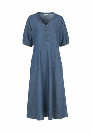 Blå chambray midi-klänning med korta puffärmar, elastiska manschetter, V-ringning och volangdetalj längs ringningen.