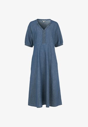Sininen chambray midi-mekko, jossa on lyhyet puffihihat, elastiset hihansuut, V-pääntie ja röyhelöysityksellinen yksityiskohta pääntiellä.