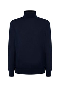 Tumma laivastonsininen pooloneule, valmistettu sileästä neuloskankaasta. Siinä on pitkät hihat, istuva kaulus ja resorireuna. Yksinkertainen ja yhtenäinen muotoilu.