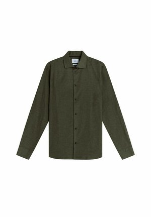 Mørkegrøn skjorte med lange ærmer og knaplukning, lavet af struktureret stof. Har en klassisk krave og frontlukning med jævnt placerede knapper.