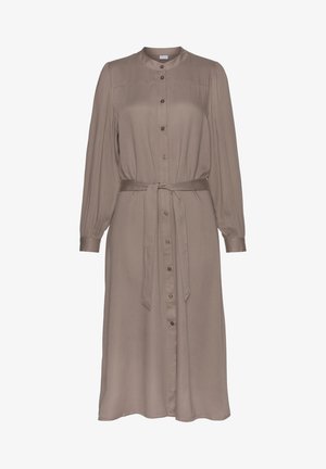 Taupefarbenes Midikleid mit langen Ärmeln, Knöpfen vorne, einem Stoffgürtel in der Taille und rundem Kragen.