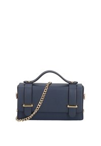 Borsa a mano blu navy realizzata in materiale tessurizzato con una forma strutturata. Presenta una maniglia superiore, una tracolla a catena e dettagli in metallo dorato.