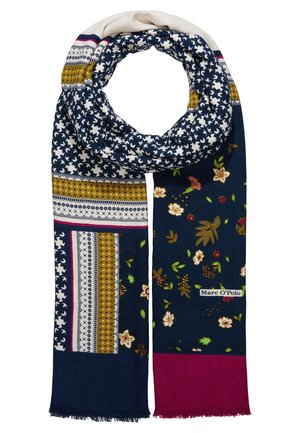 Scarf with mixed patterns including white birds, floral designs, mustard and pink stripes, and label "Marc O'Polo" on navy background.