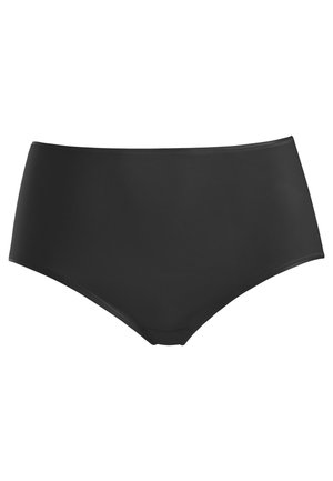 Korkeavyötäröiset mustat alushousut, joissa on sileä pinta, valmistettu joustavasta materiaalista, jossa on elastinen vyötärönauha ja yksinkertainen muotoilu.
