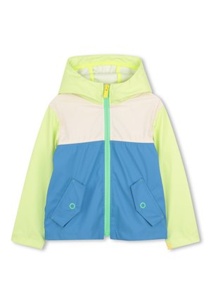 Laste kapuutsiga jope heleroheliste varrukate ja kapuutsiga, valge rinnatüki, sinise kere, esikinnituse ja klapitaskutega.