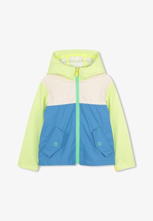 Barnejakke med hette med lysegrønne ermer og hette, hvit brystdel, blå kropp, frontglidelås og klaffelommer.