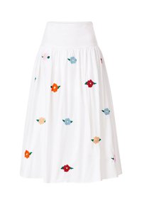 White gathered midi skirt with a high waistband, decorated with embroidered colorful flowers in red, blue, orange, pink, and peach.