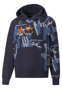 Felpa blu navy con tasca a marsupio, caratterizzata da un mix grafico di motivi blu e arancioni e testo "Red Bull Racing".