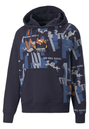 Felpa blu navy con tasca a marsupio, caratterizzata da un mix grafico di motivi blu e arancioni e testo "Red Bull Racing".