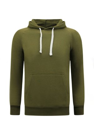 Olijfgroene pullover hoodie met witte trekkoorden en een voorvak in kangoeroestijl, lange mouwen en geribbelde boorden en zoom.