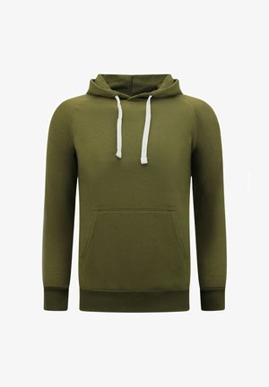 Olijfgroene pullover hoodie met witte trekkoorden en een voorvak in kangoeroestijl, lange mouwen en geribbelde boorden en zoom.