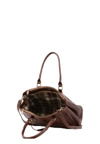 Borsa tote in pelle marrone con chiusura a zip, dotata di una fodera interna a quadri e due manici con dettagli in metallo dorato.