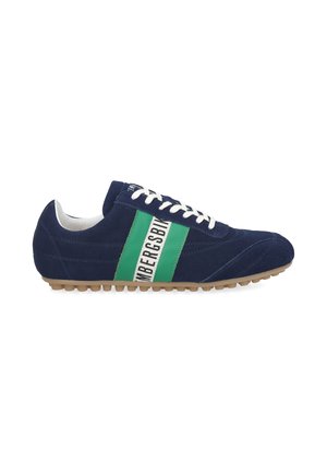 Navy blue suede sneaker with white laces, green stripe on side displaying "BIMBERGS BIM" text, and tan rubber sole with tread pattern.