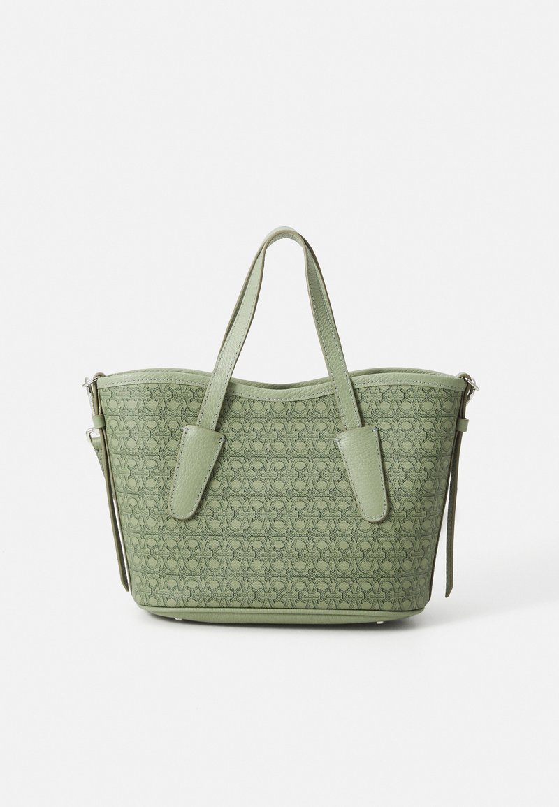 Saco de tote verde com padrão, feito de material sintético texturizado, topo arredondado, duas alças combinando e uma alça de ombro destacável.
