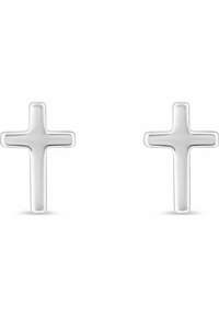 Orecchini a bottone argentati a forma di croce con finitura lucida, caratterizzati da un design semplice e linee pulite, adatti per un uso quotidiano.