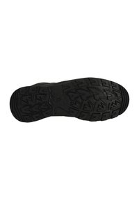 Suola di scarpa in gomma nera con un motivo testurizzato e robusto per la presa, caratterizzata da scanalature profonde e dettagli rialzati per la stabilità su vari terreni.