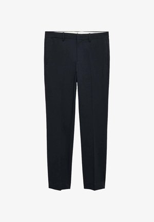 Dunkelblaue Hose aus gewebtem Stoff, mit geradem Schnitt, Gürtelschlaufen und seitlichen Taschen. Glatte Textur ohne sichtbare Muster.