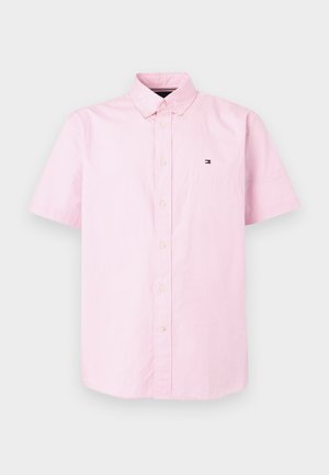 Camicia rosa chiaro a maniche corte con bottoni, collo e piccolo logo Tommy Hilfiger sul petto sinistro.