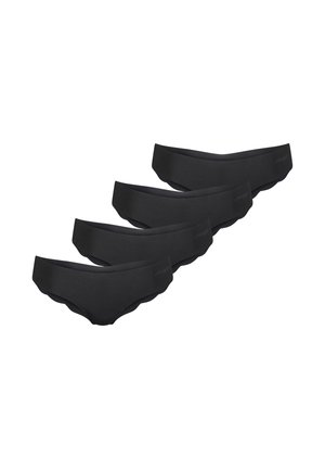 Fire sorte sømløse hipster-trusser til kvinder med bølgede kanter, arrangeret i en forskudt stak mod en hvid baggrund.