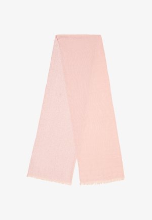 Lichtroze sjaal van gestructureerd materiaal, met een licht glanzend oppervlak en rafelige randen voor een delicate afwerking.