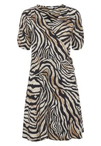 Wrap dress joka esittelee seepra-kuosisia mustassa, valkoisessa ja ruskean sävyissä. Lyhyet hihat, V-mallinen kaula-aukko ja vyötärön kinnaus.