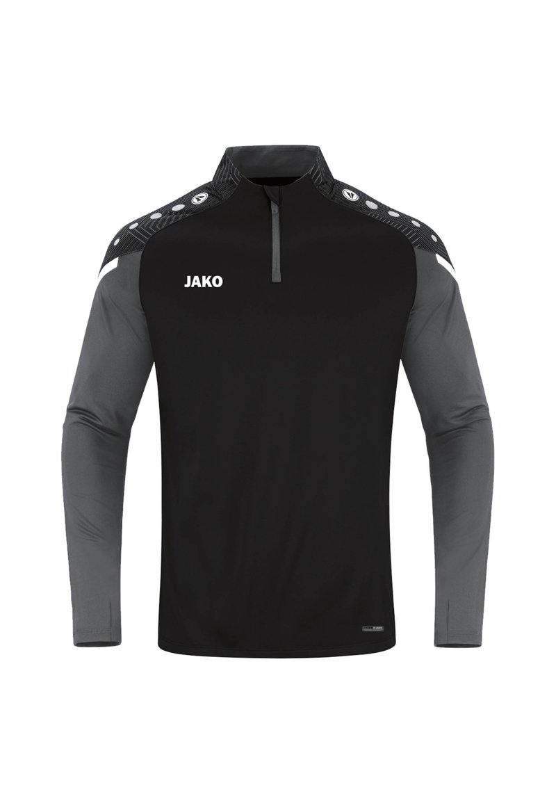 Maglietta sportiva nera a maniche lunghe con collo a zip, con maniche grigie e dettagli a motivo sulle spalle. Logo "JAKO" visibile sul petto.