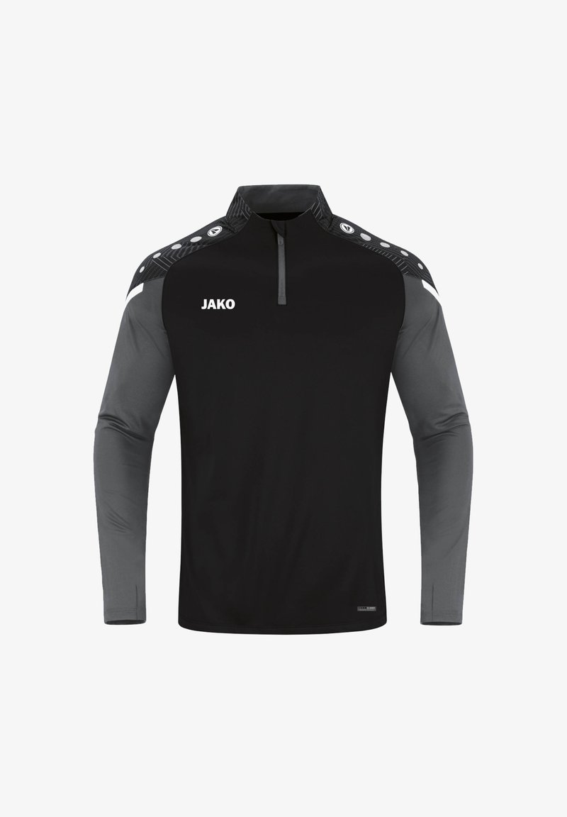Schwarzes Sporthemd mit langen Ärmeln und Reißverschlusskragen, mit grauen Ärmeln und gemusterten Akzenten auf den Schultern. Logo "JAKO" auf der Brust.