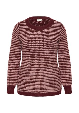 Pulover cu model burgundy și roz, cu guler rotund, mâneci lungi, tricotat texturat și manșete și tiv ribbed.