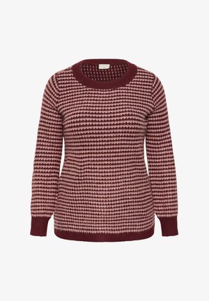 Maglione a motivi bordeaux e rosa con scollatura tonda, maniche lunghe, lavorazione a maglia testurizzata e polsini e fondo a costine.