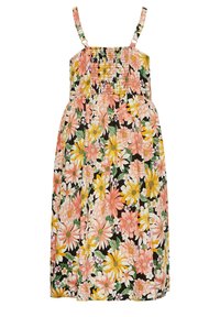 Květinové šaty s černým pozadím a velkými růžovými a žlutými květy, nařasený korzet, nastavitelné ramínka a délka do poloviny stehen.