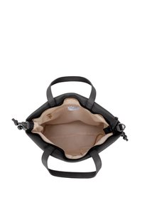Schwarze synthetische Tasche mit zwei Griffen, glatter Textur und beigem Innenraum. Verfügt über eine Reißverschlusstasche und ein Markenetikett innen.
