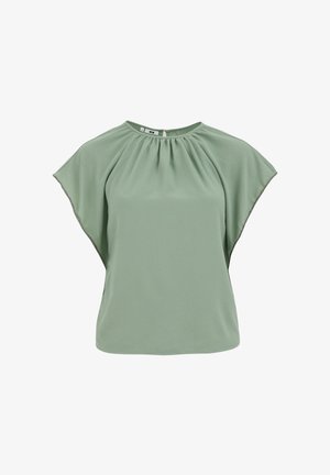 Grüne Bluse aus leichtem Material. Mit runder Ausschnitt, gefältelten Details und ausgestellten kurzen Ärmeln. Glatte Textur ohne Muster.