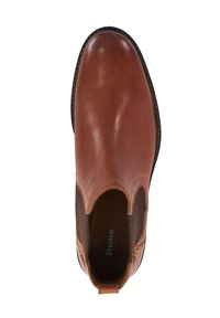 Brown leather chelsea boot with elastic side panels, round toe, and contrasting stitching. Smooth texture with pull tab at the heel.