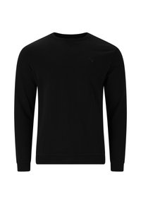 Svart sweatshirt tillverkad av mjuk bomullsblandning, med långa ärmar, rund halsringning och en liten logotyp på bröstet. Slät textur.
