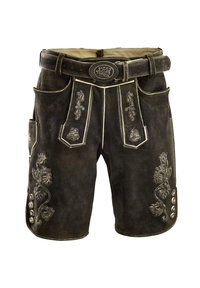 Braune Lederhosen mit gestickten Blumenmustern, Metallknöpfen und einem passenden Gürtel mit einer dekorativen Schnalle.