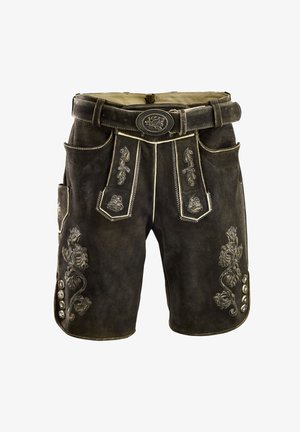 Braune Lederhosen mit gestickten Blumenmustern, Metallknöpfen und einem passenden Gürtel mit einer dekorativen Schnalle.
