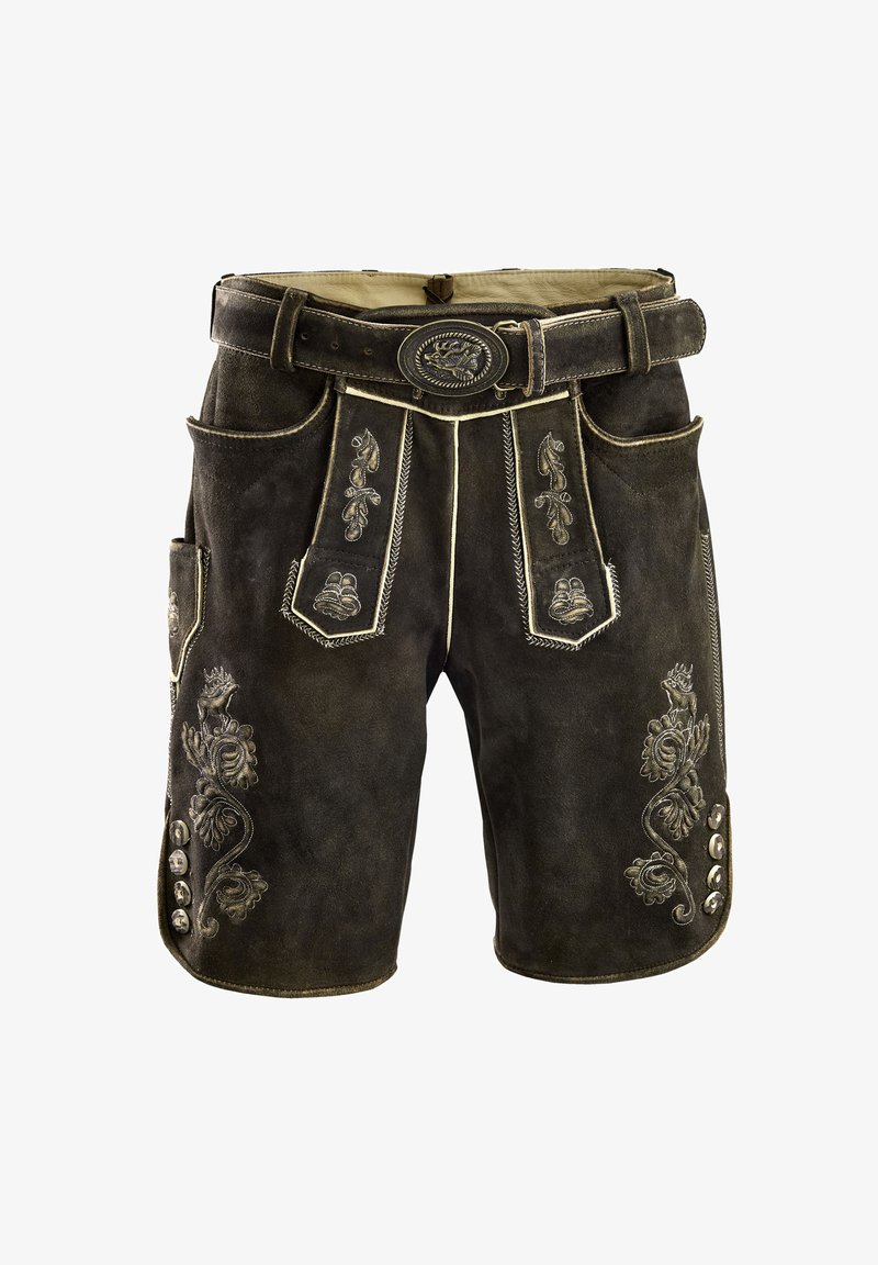 Bruine leren shorts met geborduurde bloemenpatronen, metalen knopen en een bijpassende riem met een decoratieve gesp.