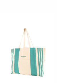 Borsa a spalla in canvas crema con strisce teal. Presenta due manici resistenti e il logo "Salsa Jeans" stampato sul fronte.