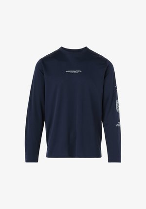 Marineblaues Langarmhemd aus glattem Stoff, mit dem weißen ASICS FUIJTRAIL-Logo auf der Brust und dem rechten Ärmel sowie einem Rundhalsausschnitt.